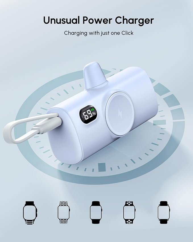 Small Blue Portable Charger for iPhone Power Bank with USB Type C Cable 5000mAh 15W Fast Charging Mini External Battery Pack for iPhone 14/13/12/16/15 Pro Max/Cellphones/Tablets Power Charger