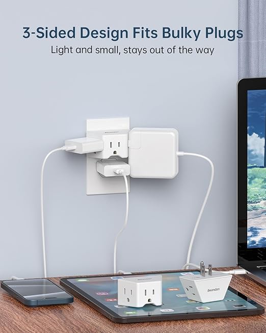 BEONDON 3-Pack Outlet Splitter, Small Outlet Extender, 3 Way Angled Wall Plug Extender, Cruise Ship Essentials, 3 Prong Grounded Plug Adapter for House, Hotel, Dorm, Hostel