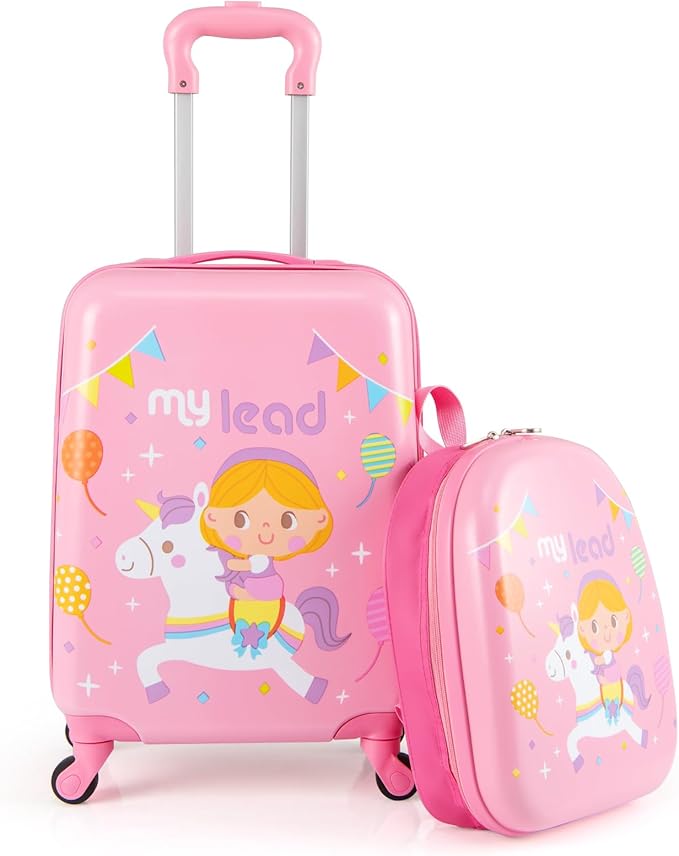 BABY JOY 2 PCS Kids Luggage, 16” Carry-on Hardshell Suitcase with Wheels & Hardside Backpack for Boys Girls, Airline-Approved Toddler Travel Luggage Set (Pink Pony)