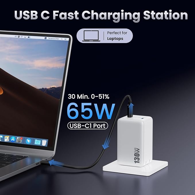 130W USB C Wall Charger,GaN III 3-Port Fast Charging Station,PD QC Foldable Charger Block Portable 65W USB C Laptop Adapter for MacBook Pro/Air,iPad Pro,Galaxy S23,Dell XPS 13,iPhone 16