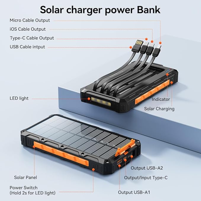 Solar-Charger-Power-Bank - 20000mah Solar Powered Battery Charger Cell Phone,20W Fast Charging Built in Cables,Camping Essentials Portable External Battery Pack Compatible with Multiple Devices