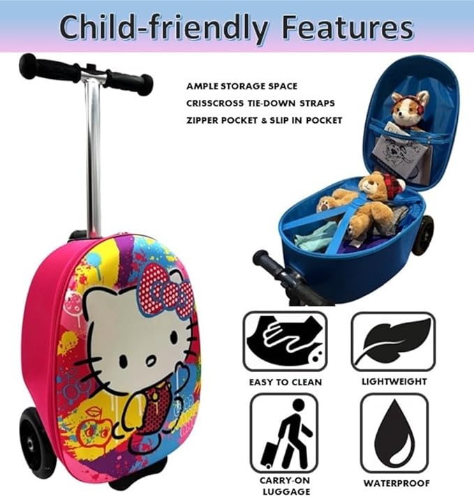 Fast Forward Hello Kitty 18" Ride-On Suitcase Scooter - Lightweight Carry-On Foldable Scooter Luggage