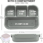 Bento Box Adult Lunch Box, Lunch Containers for Kids Girls Boys with 4 Compartments, Lunchable Food Container with Utensils, Sauce Jar, Muffin Liners, 40 Oz/5 Cup, Microwave & Dishwasher Safe, Gray