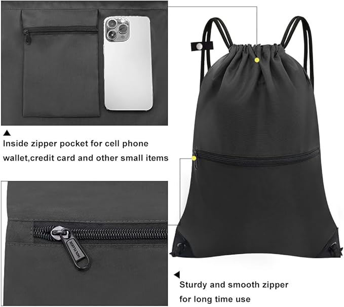 draw string back bag, Large Gym Sports string backpack for men and women with front zipper pocket and inside zipper pocket to keep key or phone(black)