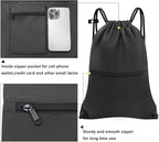 draw string back bag, Large Gym Sports string backpack for men and women with front zipper pocket and inside zipper pocket to keep key or phone(black)