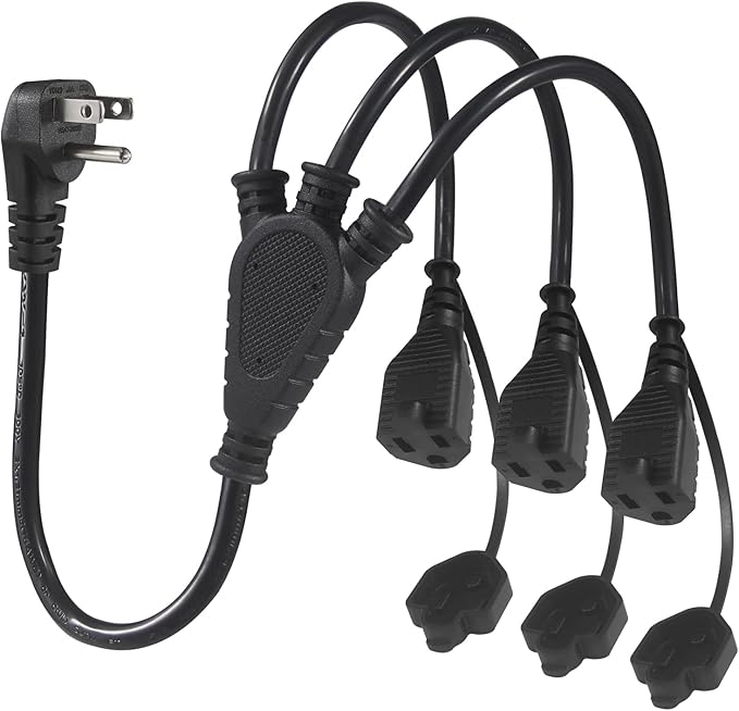 Outdoor 3-Outlet Power Splitter, 90-Degree Flat Plug 1 to 3 Way Outlet Adapter 1.5FT SJTW 16AWG 3-Prong Power Cord Extension Strip with Outlet Cover for Holiday Decoration String Light(1-Pack)