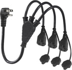 Outdoor 3-Outlet Power Splitter, 90-Degree Flat Plug 1 to 3 Way Outlet Adapter 1.5FT SJTW 16AWG 3-Prong Power Cord Extension Strip with Outlet Cover for Holiday Decoration String Light(1-Pack)