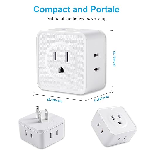 Multi Plug Outlet Extender, FiiMan 5 Outlet Splitter Wall Adapter, 3-Prong Grounded Outlet to The Side, Flat Wall Plug Side Access Adapter, 5 Way Outlet Extender Tap, White (2 Pack)