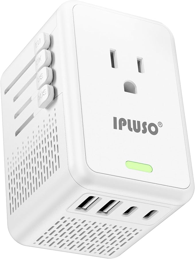 Power Converter Adapter Combo, Specially for Hair Dryers, 220v to 110v Voltage Converter with AC Socket, 2 USB C & 2 USB A Ports, Compact Voltage Converter US to Europe (White)