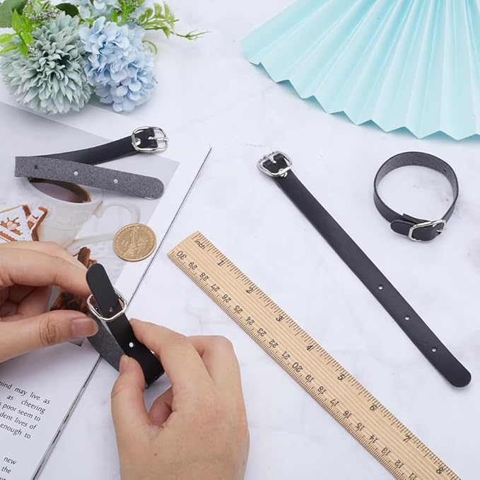 GORGECRAFT 10Pcs PU Leather Luggage Labels Strap Adjustable Faux Black Luggage Tag Loops Replacement Belts with Metal Buckle Watch Band Straps for Suitcase Travel Secure Storage Hanging Accessories