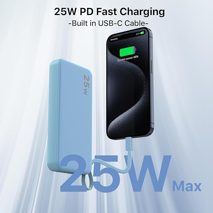 NOBIS Portable Charger 10000mAh 25W Power Bank Fast Charging Battery Pack with Built-in Type-C Cable, USB-C in/Out, USB-A Output with LED Display for Phone 17 S25