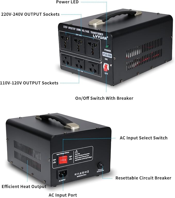 LVYUAN 5000 Watt Voltage Converter Transformer Heavy Duty Step Up/Down AC 110V/120V/220V/240V Power Converter with 3 US Outlets, 3 Universal Outlets, Resettable Circuit Breaker Protection