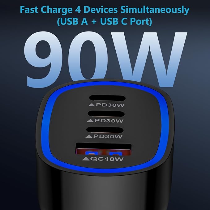 Multi 4 Ports Fast Car Charger Adapter 12V Auto Vehicle Plug - USB C & USB A Quick Charging - Cigarette Lighter Cell Phone Automobile Charger for iPhone 17 Pro Max Air 16e 16 15 14 13 12, Samsung S26