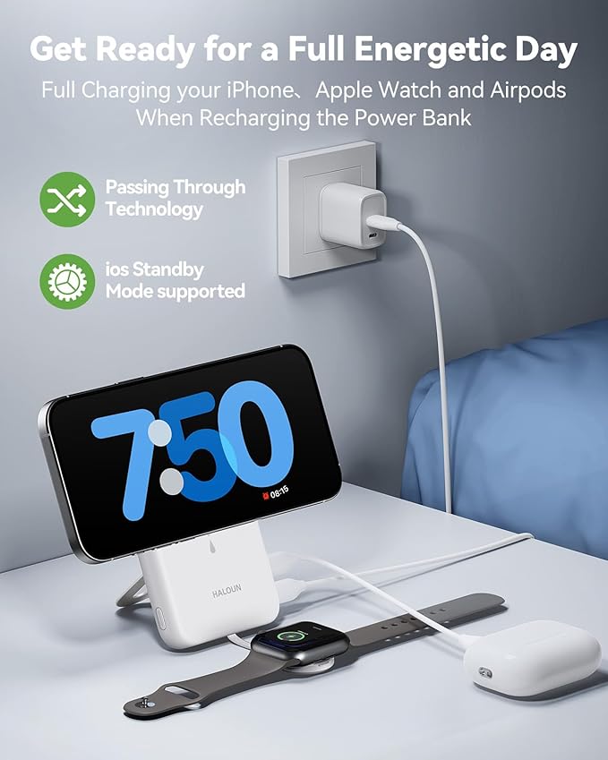 Magnetic Portable Charger for iPhone and Apple Watch, 10000mAh Wireless Power Bank PD 20W USB-C Fast Charging Battery Pack with Stand for iPhone Air 17/16/15/14/13/12 Pro Max、iWatch 11-1/SE/Ultra 3-1