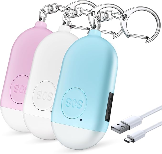 Personal Safety Alarm - 3-Pack - Rechargeable - Strobe LED Flashlight - SOS Emergency Loud Siren - Self-Defense Keychain - for Women, Students, Children, Seniors (White, Pink, Blue)