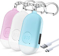 Personal Safety Alarm - 3-Pack - Rechargeable - Strobe LED Flashlight - SOS Emergency Loud Siren - Self-Defense Keychain - for Women, Students, Children, Seniors (White, Pink, Blue)