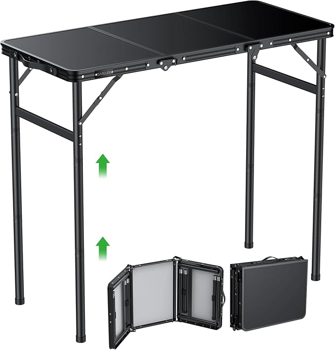 GARLLEN Folding Camping Table, 3 Adjustable Height Lightweight Folding Picnic Table, Aluminum Portable Foldable Outdoor Table for Grill, Camping, Grill, Threaded Install, 35.4" L x 15.7" W, Black