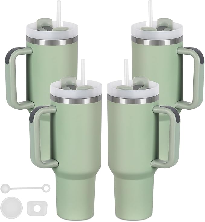 4 Pack 40 Oz Tumbler with Handle Bulk, Double Wall Vacuum Insulated Stainless Steel Tumbler with Lid and Straw, 40 oz cup with Silicone Spill Proof Stopper Set (Dark Green)