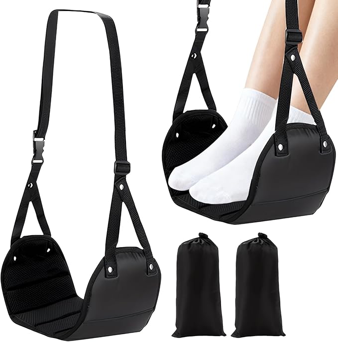 2-Pack Airplane Foot Hammock for Travel, No Collapse Foot Rest with Adjustable Strap, Portable Desk Foot Hammock to Relax Your Feet, Comfy Foot Sling Travel Essentials for Long Flights