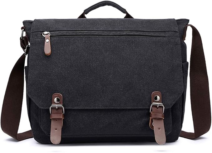 Vintage Genuine Leather Waxed Canvas Briefcase Large Satchel Shoulder Bag Rugged Computer 15.6" Laptop Bag