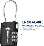 2 Pack TSA Approved Luggage Locks, Cable Travel Lock Alloy, Set Your Own Combination Metal Suitcase Zipper Padlock, 3-Digit Long Shackle Padlocks for Gym Locker, Golf Bag, Case Anti Theft-Black