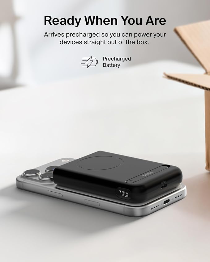 Belkin MagSafe Power Bank 10,000mAh, Qi2.2 25W Portable Charger w/Kickstand, Magnetic Back Supports MagSafe Accessories, Digital Display, Wireless Charging Battery Pack for iPhone 17, Pixel - Black