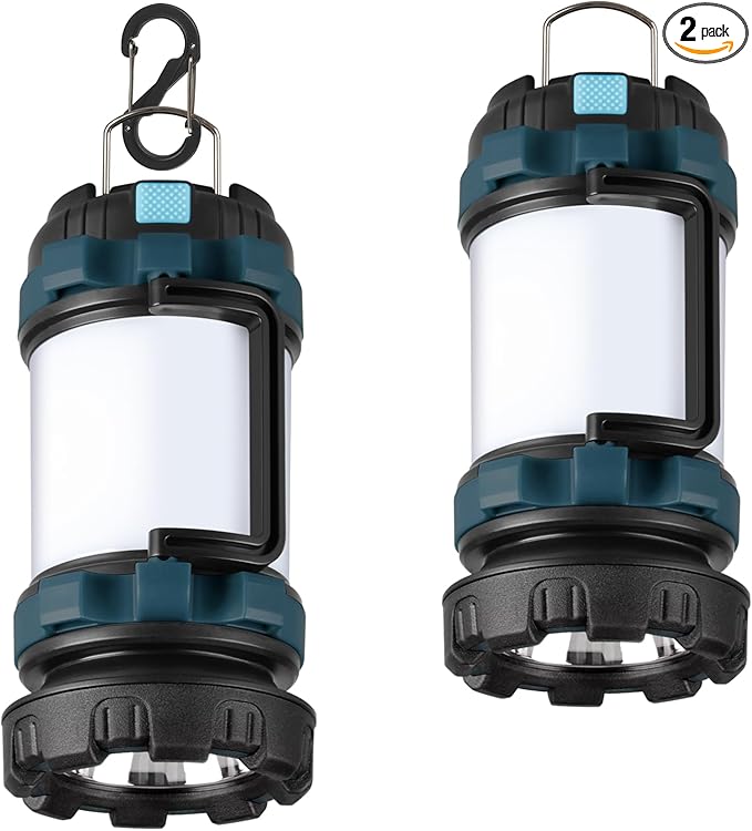 BOBKID 2 Pack Camping Lantern, Outdoor LED Camping Light, Rechargeable Flashlights with 1000LM, 6 Modes, IPX5 Waterproof Portable Emergency Camp Light for Hurricane Survival - Blue