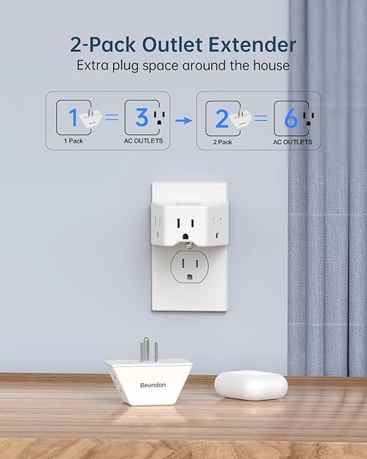 BEONDON Small Angled Outlet Extender, 3 Way Outlet Splitter Plug for Bathroom Kitchen Bedroom Dorm and Other Tight Spaces, White, 2 Pack