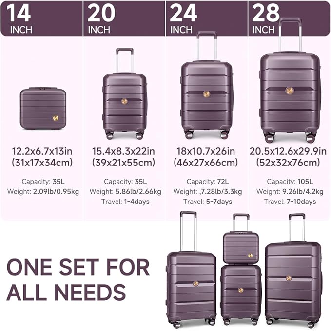 Somago Luggage Sets and Packing Cube Travel Set Lightweight Hardside Polypropylene Suitcases with Double Spinner Wheels and TSA Lock,Elegant Purple