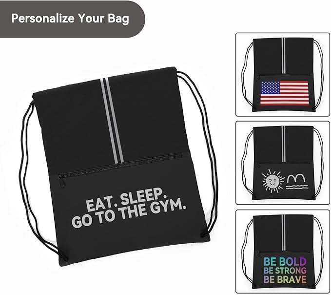 Drawstring Backpack Sports Gym Bag, Draw String Back Bag for Men Women, Lightweight Sackpack with Zipper Pocket, Durable Large Two Tone Black