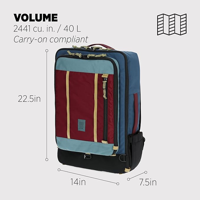 Topo Designs Global Travel Bag – 30L or 40L - Carry-On Compliant Most Airlines, Durable Travel Duffel Bag, Clam Shell Main Pocket, Laptop Sleeve, Backpack, Luggage (40L / Dark Denim/Burgundy)