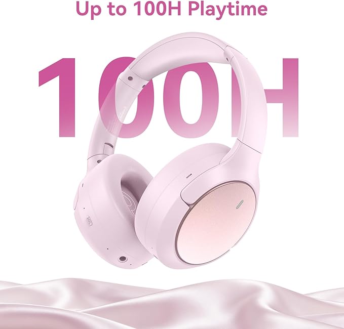 Hybrid ANC Wireless Over-Ear Headphones, 100H Playtime, Hi-Res Audio, Bluetooth 6.0, Multi-Mode Noise Cancellation, Comfort Fit, iOS & Android Compatible, Foldable Design, Travel-Friendly (Pink)