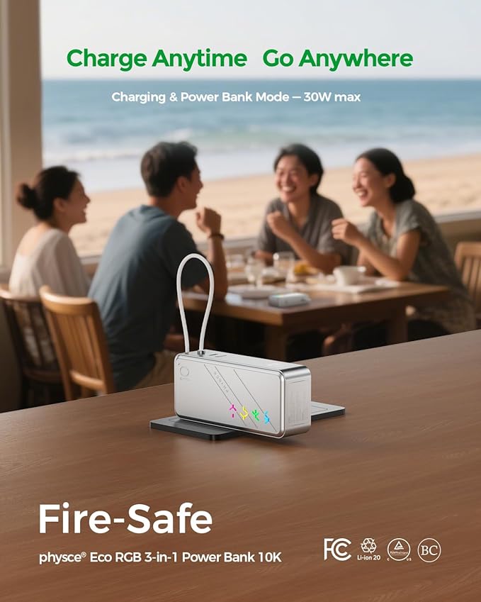 Eco RGB 3-in-1 Power Bank 10K, 9,600mAh 30W Portable Charger, Built-in USB-C Cable and Foldable Plug, Fast Charging Battery Pack, Travel Essential for iPhone 16/15, MacBook (Starlight Silver)