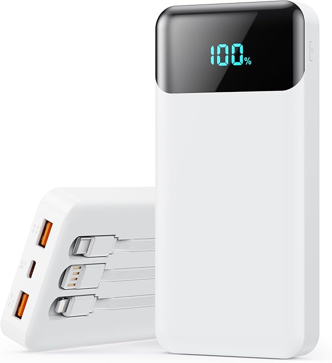 Portable Charger Power Bank 40800mAh with 3 Built-in Cables,25W Fast Phone Charging Portable Battery Pack,5 Outputs Travel Essentials Outdoor External Battery for iPhone 17/16,Galaxy Android etc-White