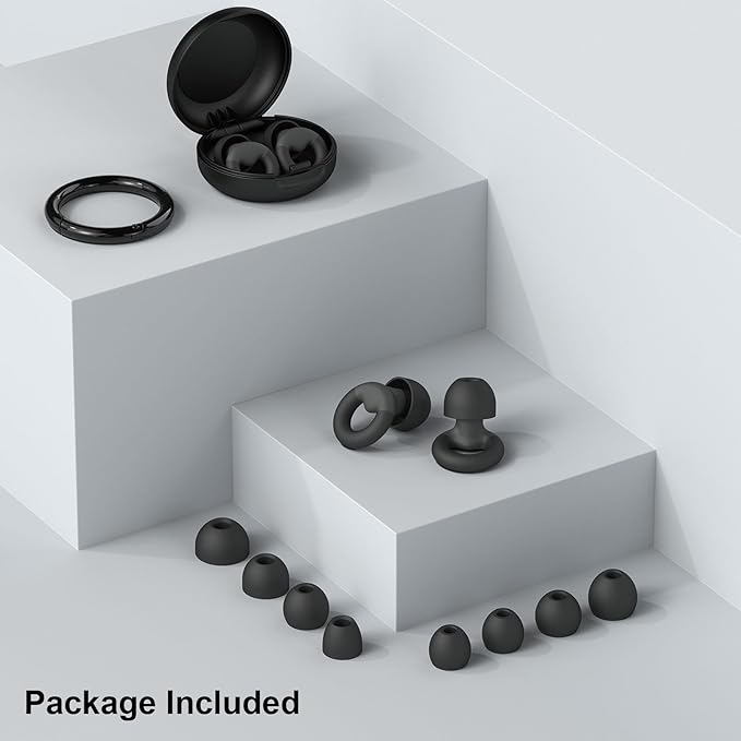 JUSTRVN Ear Plugs for Sleeping, 2 Pairs of Reusable Earplugs for Noise Reduction 25dB-30dB with 8 Ear Tips, Soft Hearing Protection Ear Plugs for Concert,Noise Sensitivity, Study & Work, Black