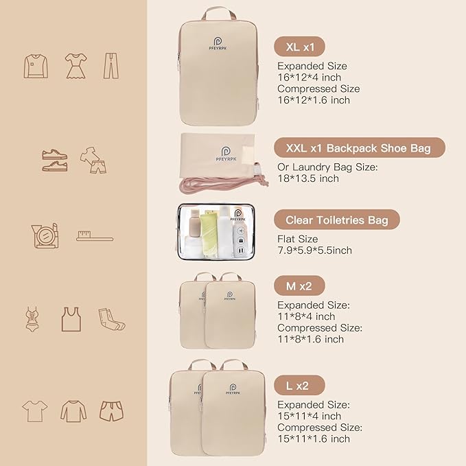 PFEYRPK Lightweight Compression Packing Cubes for Suitcases, Compressible Expandable Travel Packing Organizer with Clear Toiletries and Backpack Bag, Travel Essentials for Carry on Luggage 7 Set