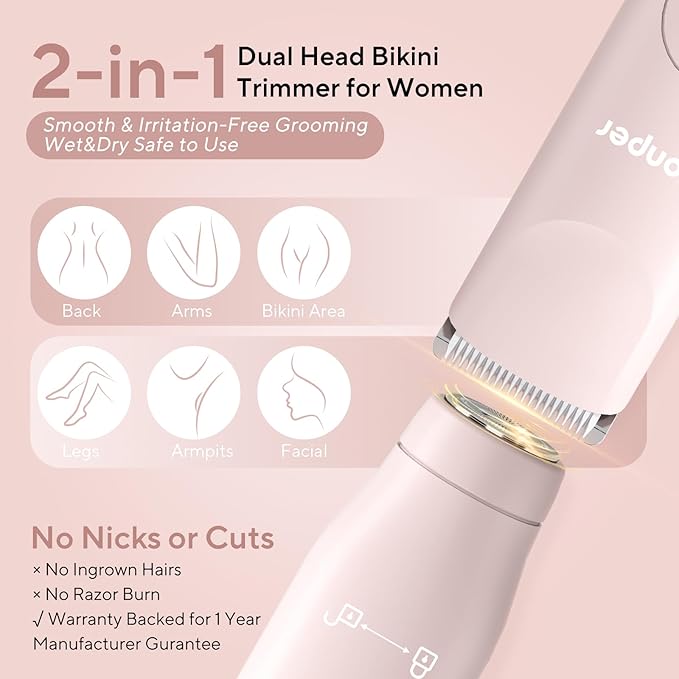 Bikini Trimmer for Women, 2 in 1 Electric Razors for Shower&Travel, IPX7 Waterproof Pubic Hair Remover for Underarm, Legs & Bikini Area, Painless Razor,Hypoallergenic Foil & Ceramic Blades