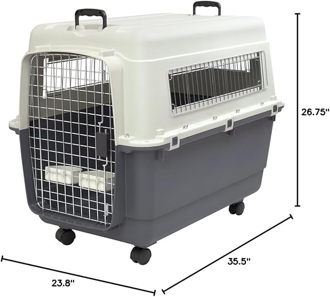 SportPet Airline Compliant X-LARGE 32.25" Travel Dog Kennel-Durable Plastic Airline Pet Carrier w/Removable Wheels & Food Bowls, Collapsible Indoor/Outdoor Dog Kennel, Dog up to 32"L & 23"H-Cream/Gray