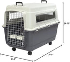 SportPet Airline Compliant X-LARGE 32.25" Travel Dog Kennel-Durable Plastic Airline Pet Carrier w/Removable Wheels & Food Bowls, Collapsible Indoor/Outdoor Dog Kennel, Dog up to 32"L & 23"H-Cream/Gray