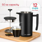 Belwares French Press Coffee Maker - Large 50oz 6-Cup, 304 Stainless Steel Coffee Press, Double Wall Insulated Heat Retention, 4-Level Filtration for Smooth Ground-Free Coffee, 2 Extra Filters, Black
