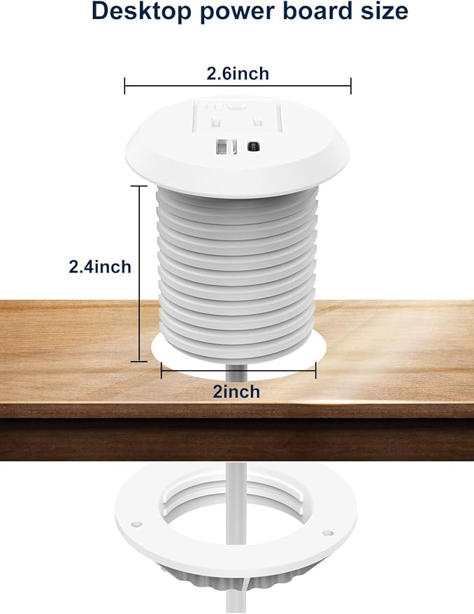 Recessed Desktop Power Grommet 2 inch with USB-C Ports,Tamper-Resistant Design AC Outlets,Round Desk Hole Outlets Conference Outlet for Home Office(White)