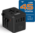 Ceptics 8 in 1 Universal Travel Adapter for EU, UK, US, AU and More, World Travel Adapter, 2X US Socket, Universal Socket, 3X USB-C and 2X USB-A, 45W Fast Charge – UP-45KU-BL
