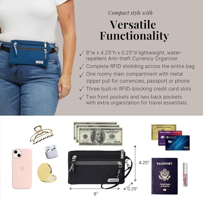 Baggallini Anti-theft RFID Currency Organizer 8"x4.25" Travel Accessory Passport Holder Money Belt Wallet w/Card Slots