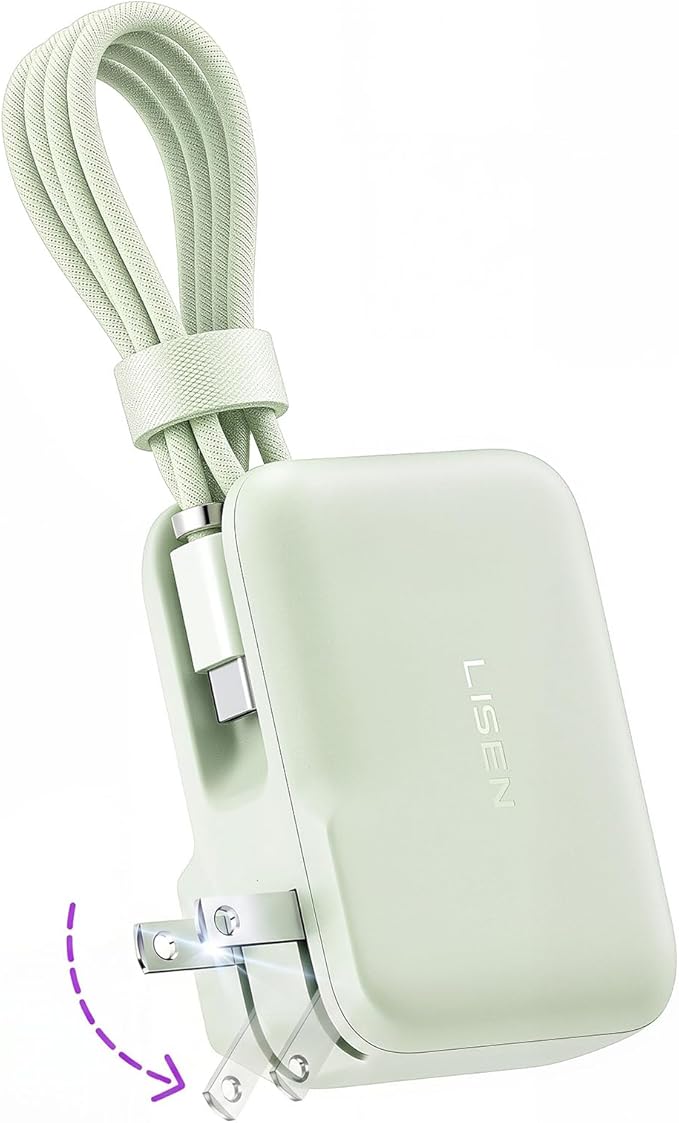 LISEN [Practical＆Lazy Design 3 in 1 Travel Essentials Power Bank，7000mAh 35W Fast Charging with Wall Plug and Build-in Cable for iPhone 17 16 15 Pro Max Plus,Samsung Galaxy,iPad,Android，Mint Green