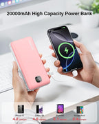 penaover Portable Charger with Built-in Cables&AC Wall Plug,5 Output 2 Input 20000mAh Power Bank,22.5W Fast Charging Battery Pack with LED Display,Compatible with iPhones,Android, Samsung etc,Pink