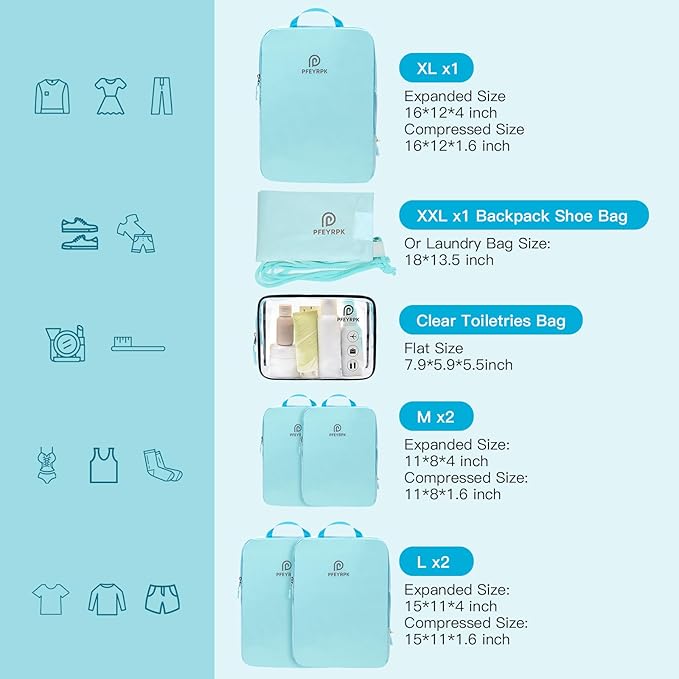 PFEYRPK Lightweight Compression Packing Cubes for Suitcases, Compressible Expandable Travel Packing Organizer with Clear Toiletries and Backpack Bag, Travel Essentials for Carry on Luggage 7 Set