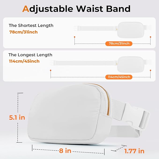 Belt Bag Zipper Fanny Pack Crossbody Bags for Women,Fashion Nylon Waist Packs, Water Repellent Two Way wear with Adjustable Strap Gifts for Teenage Girls Women Men(white)