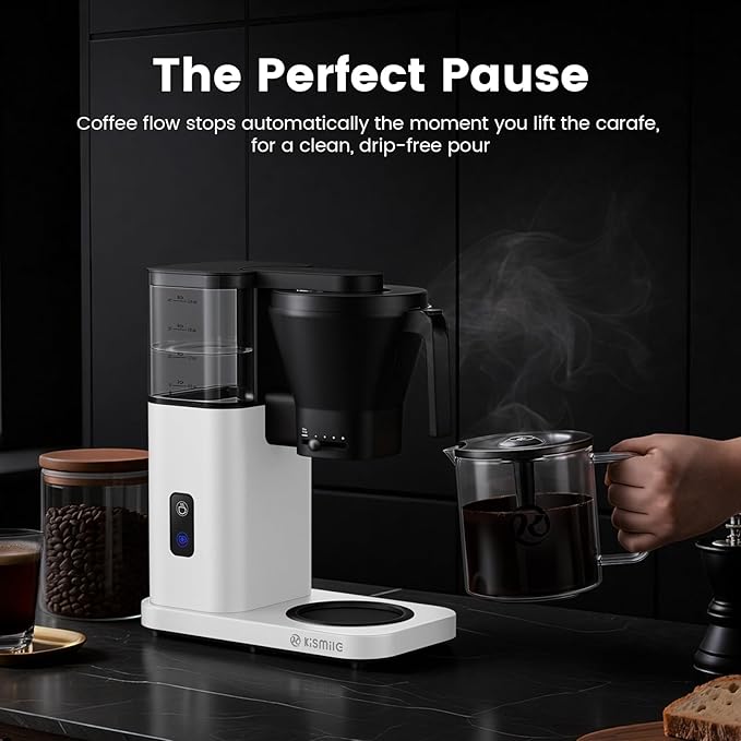 Kismile 8-Cup Drip Coffee Maker,SCA-Certified,Rapid Heating System for Seconds Brewing,Automatic Pour Over Coffee Machine,Detachable Water Tank,Deep Cold Brew & Keep Warm 40 Min, Easy to Clean (White)