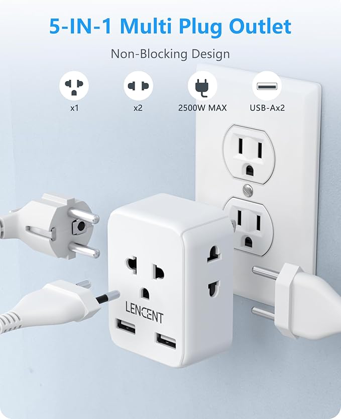LENCENT EU to US Plug Adapter, European to USA Outlet Adaptor with 2 USB, Europe to American Outlet, 3-Sided Outlet Extender, Wall Tap, Mini Charger Box, Travel Plug Converter