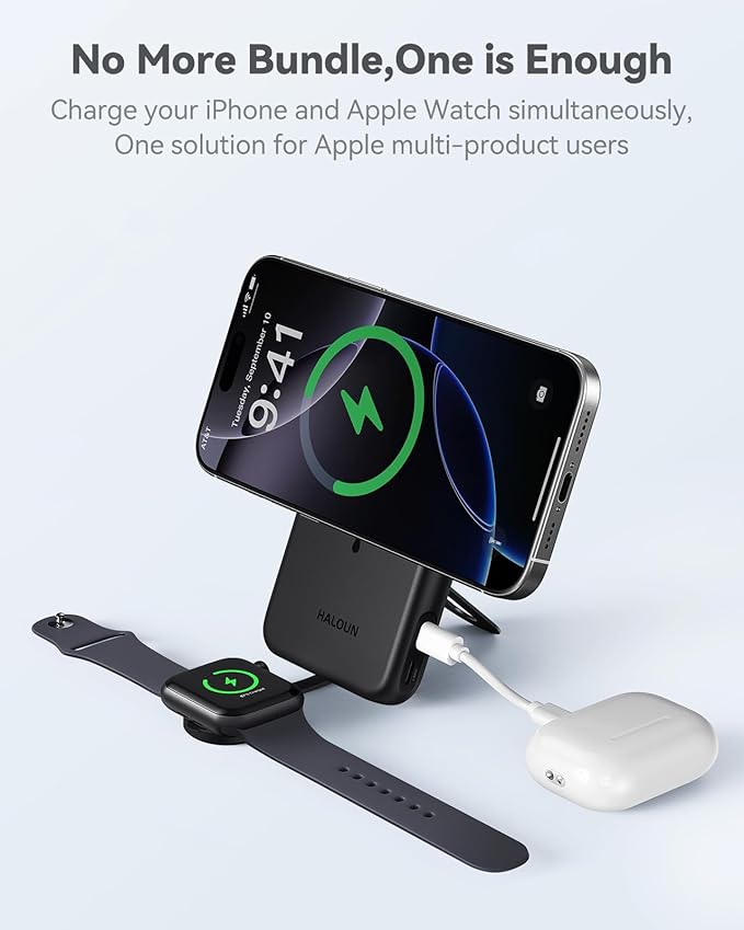 Magnetic Portable Charger for iPhone and Apple Watch, 10000mAh Wireless Power Bank PD 20W USB-C Fast Charging Battery Pack with Stand for iPhone Air 17/16/15/14/13/12 Pro Max、iWatch 11-1/SE/Ultra 3-1